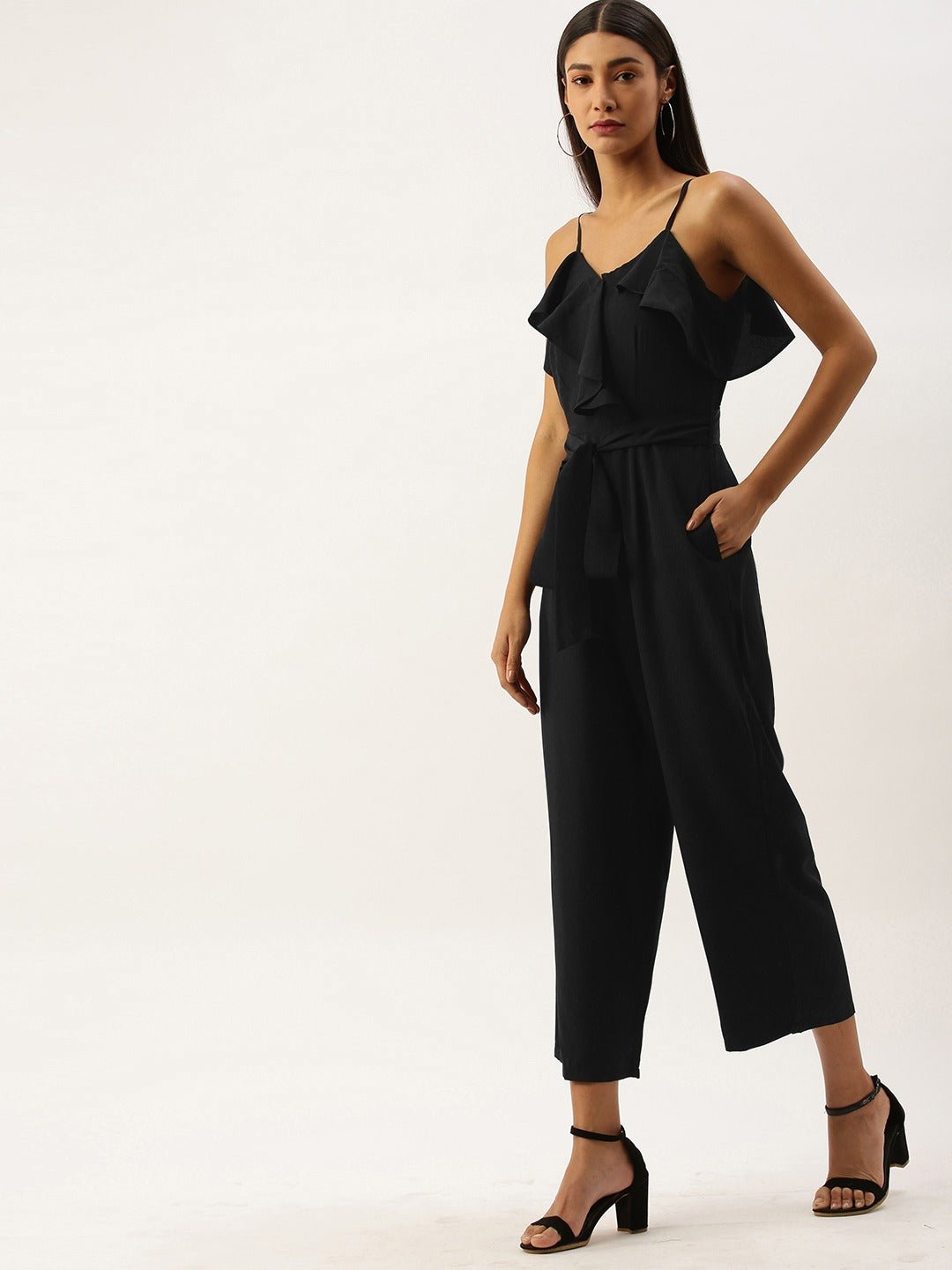 Folk Republic Women Solid Black Sleeveless Ruffled Jumpsuit - #folk republic#
