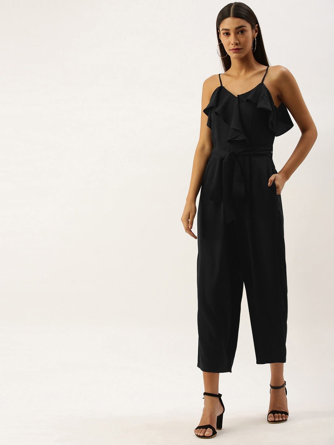 Folk Republic Women Solid Black Sleeveless Ruffled Jumpsuit - #folk republic#
