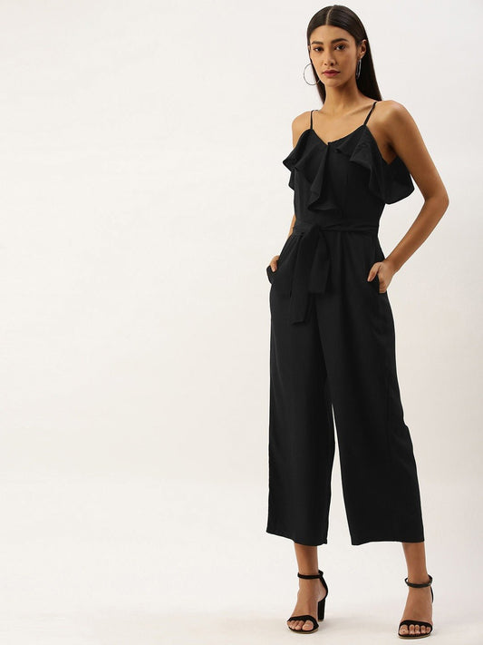 Folk Republic Women Solid Black Sleeveless Ruffled Jumpsuit - #folk republic#