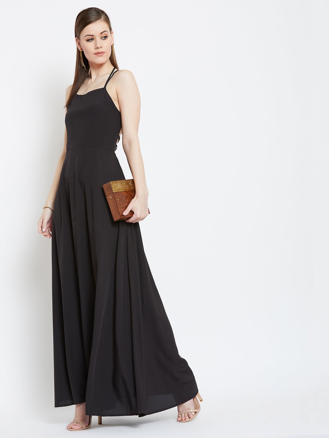 Folk Republic Women Solid Black Square Neck Caged Back Tie-Up Flared Maxi Dress - #folk republic#