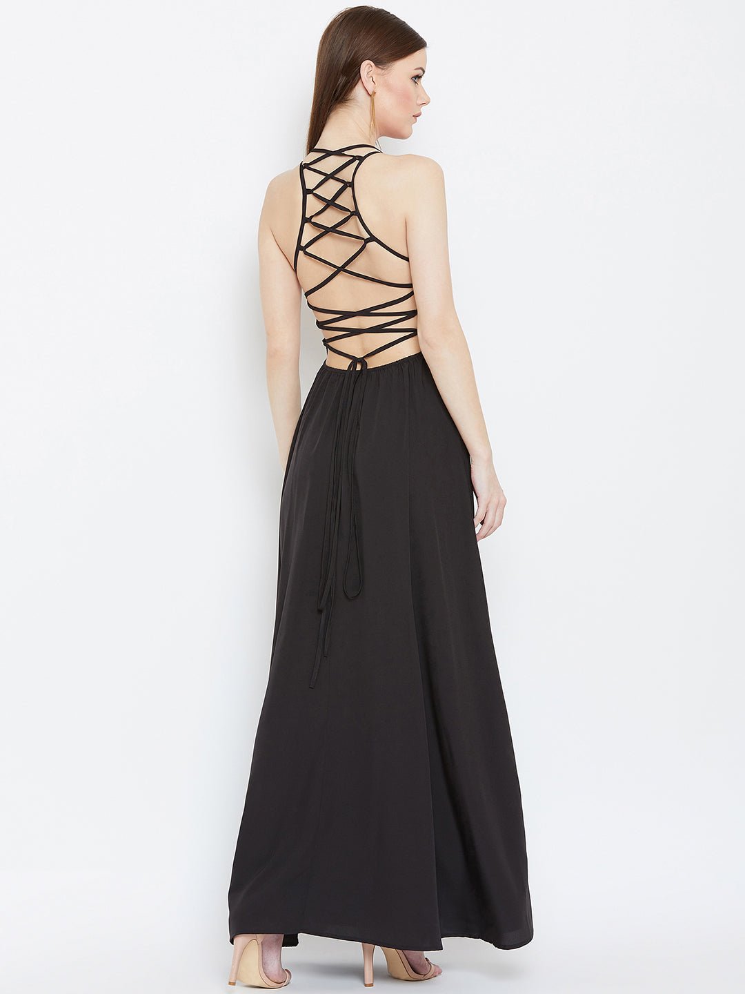 Folk Republic Women Solid Black Square Neck Caged Back Tie-Up Flared Maxi Dress - #folk republic#