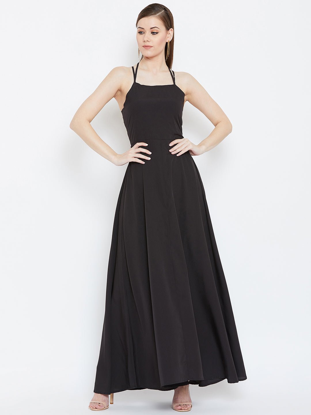 Folk Republic Women Solid Black Square Neck Caged Back Tie-Up Flared Maxi Dress - #folk republic#