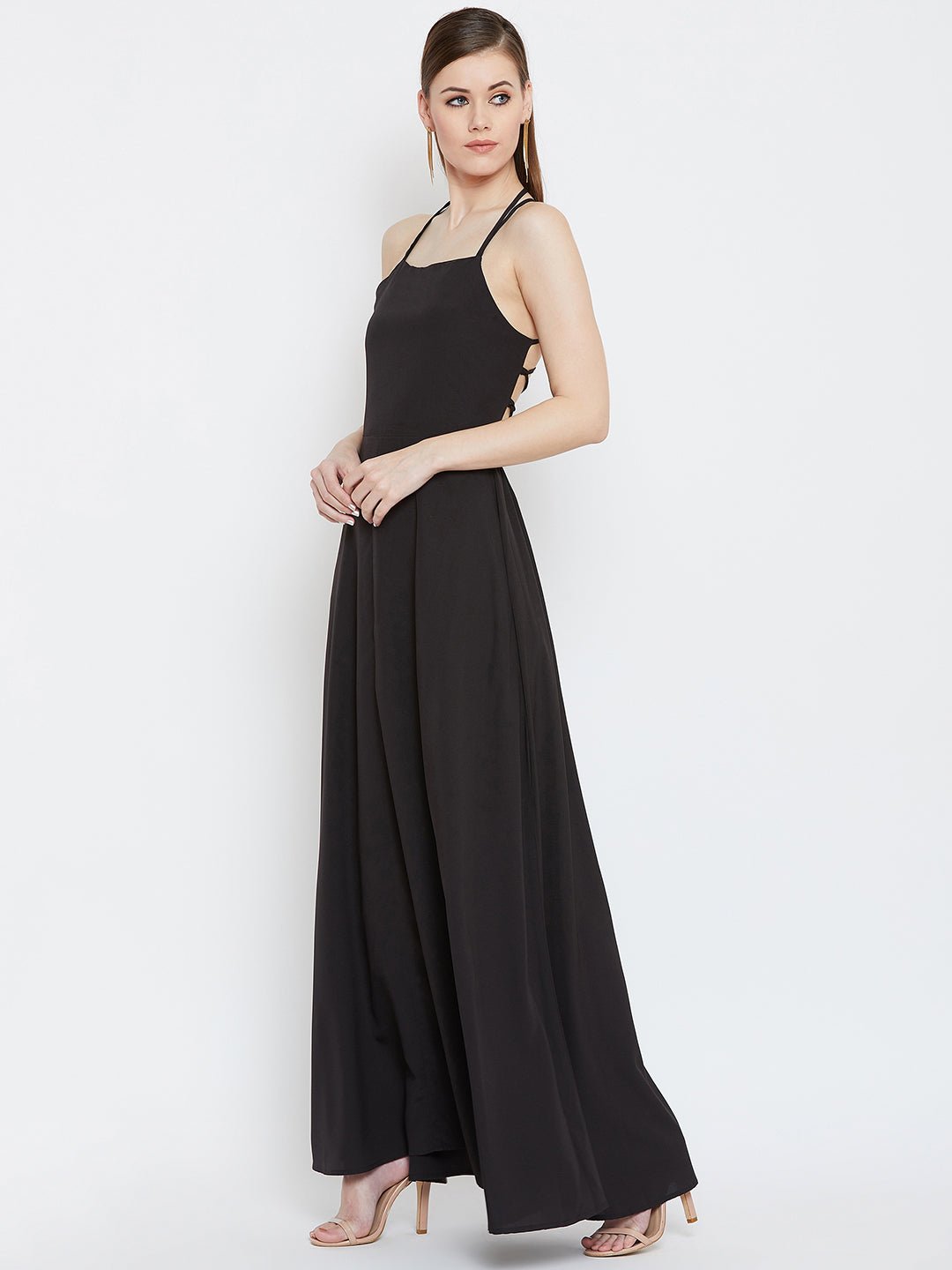 Folk Republic Women Solid Black Square Neck Caged Back Tie-Up Flared Maxi Dress - #folk republic#