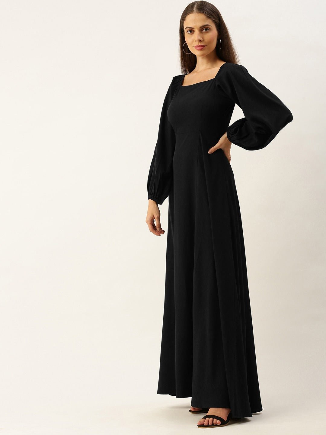 Folk Republic Women Solid Black Square Neck High Slit Maxi Dress - #folk republic#