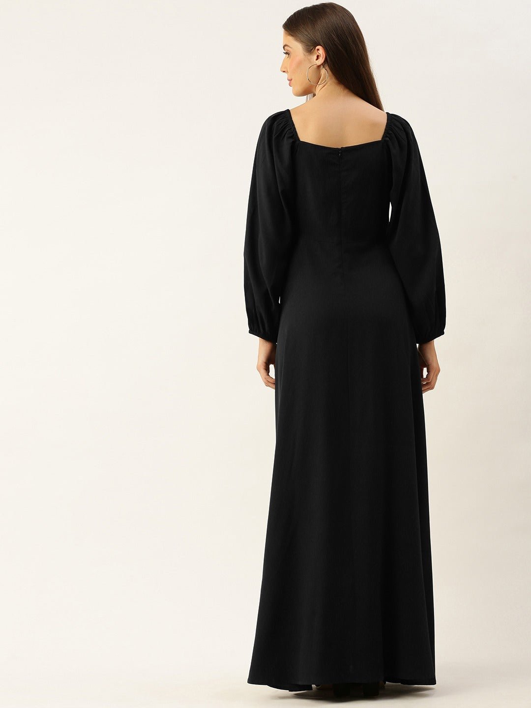 Folk Republic Women Solid Black Square Neck High Slit Maxi Dress - #folk republic#