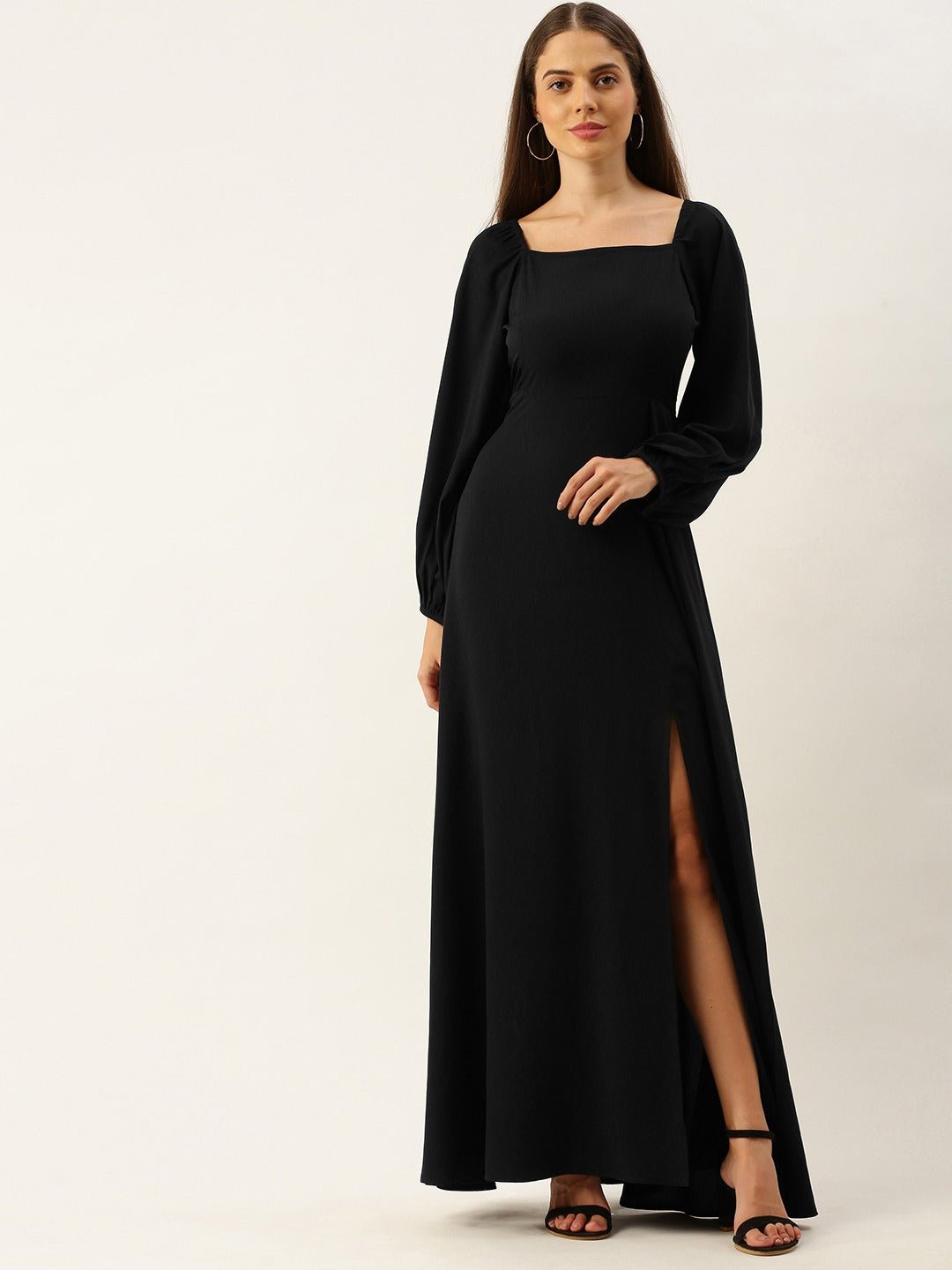 Folk Republic Women Solid Black Square Neck High Slit Maxi Dress - #folk republic#