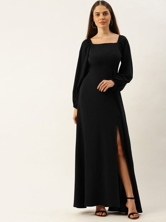 Folk Republic Women Solid Black Square Neck High Slit Maxi Dress - #folk republic#