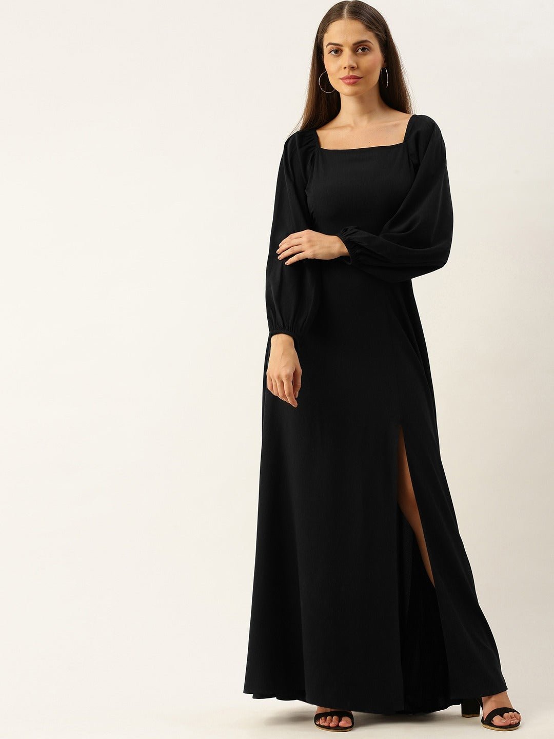Folk Republic Women Solid Black Square Neck High Slit Maxi Dress - #folk republic#