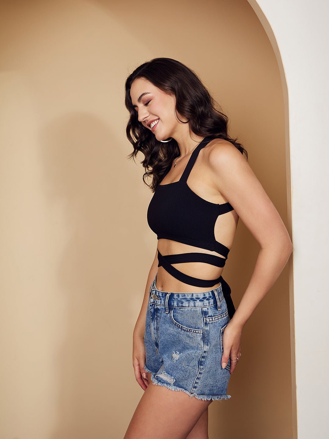 Folk Republic Women Solid Black Square Neck Sleeveless Crisscross Tie-Up Backless Crepe Fitted Crop Top - #folk republic#