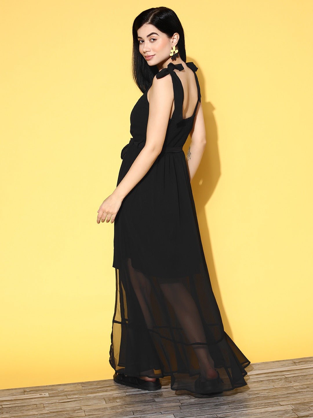 Folk Republic Women Solid Black Square Neck Waist Tie-Up Cutout Georgette Flared A-Line Maxi Dress - #folk republic#