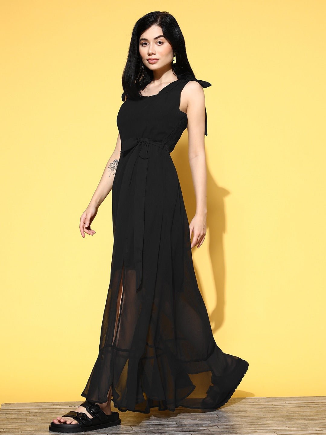 Folk Republic Women Solid Black Square Neck Waist Tie-Up Cutout Georgette Flared A-Line Maxi Dress - #folk republic#
