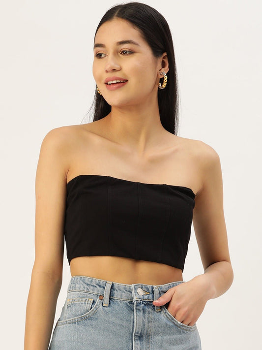 Folk Republic Women Solid Black Strapless Neck Sleeveless Cotton Cropped Tube Top - #folk republic#