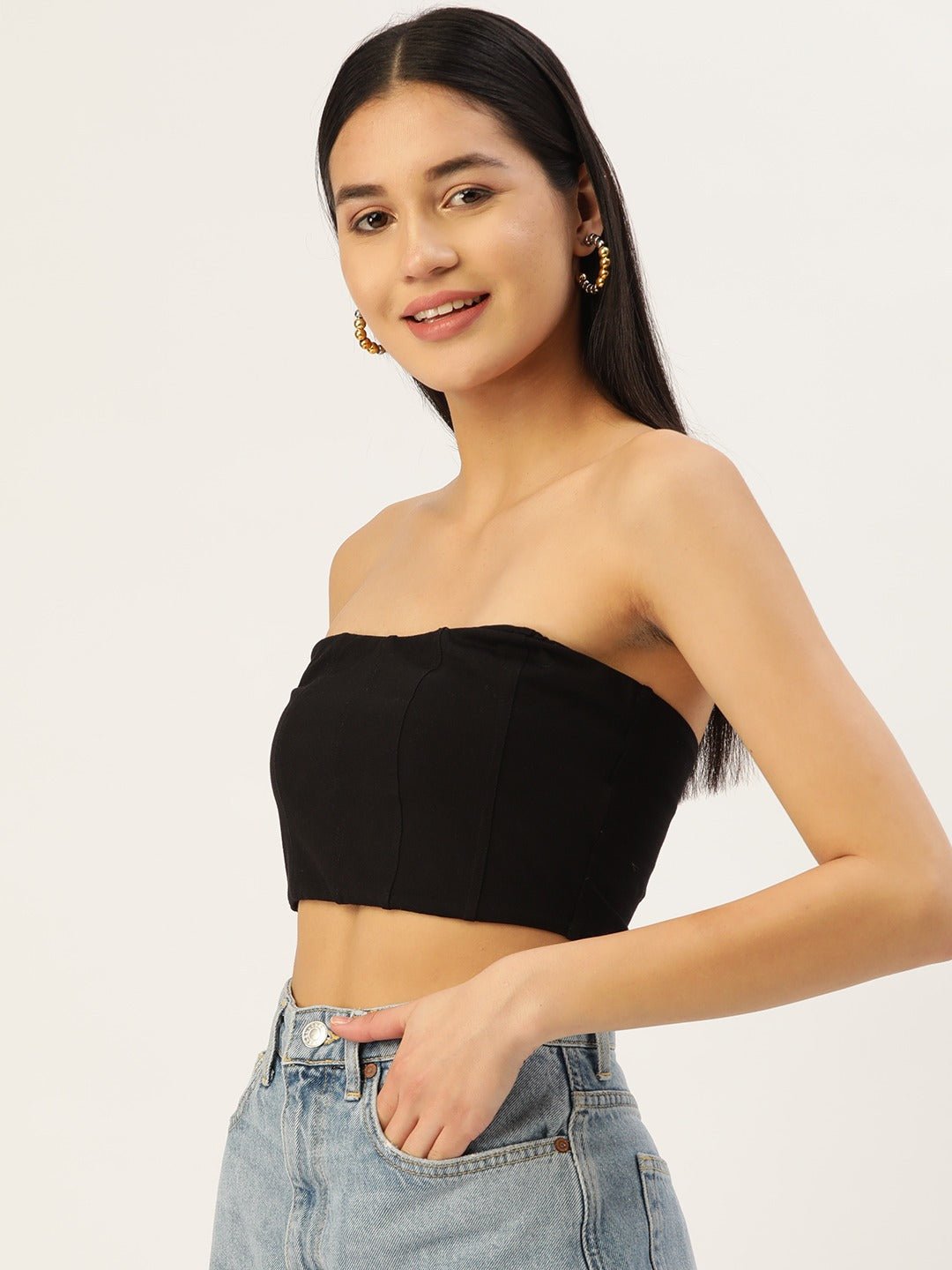 Folk Republic Women Solid Black Strapless Neck Sleeveless Cotton Cropped Tube Top - #folk republic#