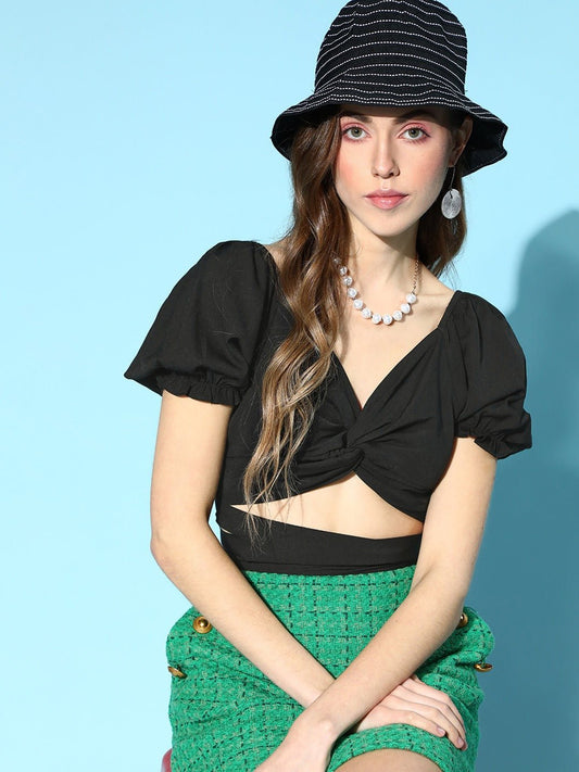Folk Republic Women Solid Black Sweetheart Neck Front Twist Waist Tie-Up Crepe Wrap Crop Top - #folk republic#