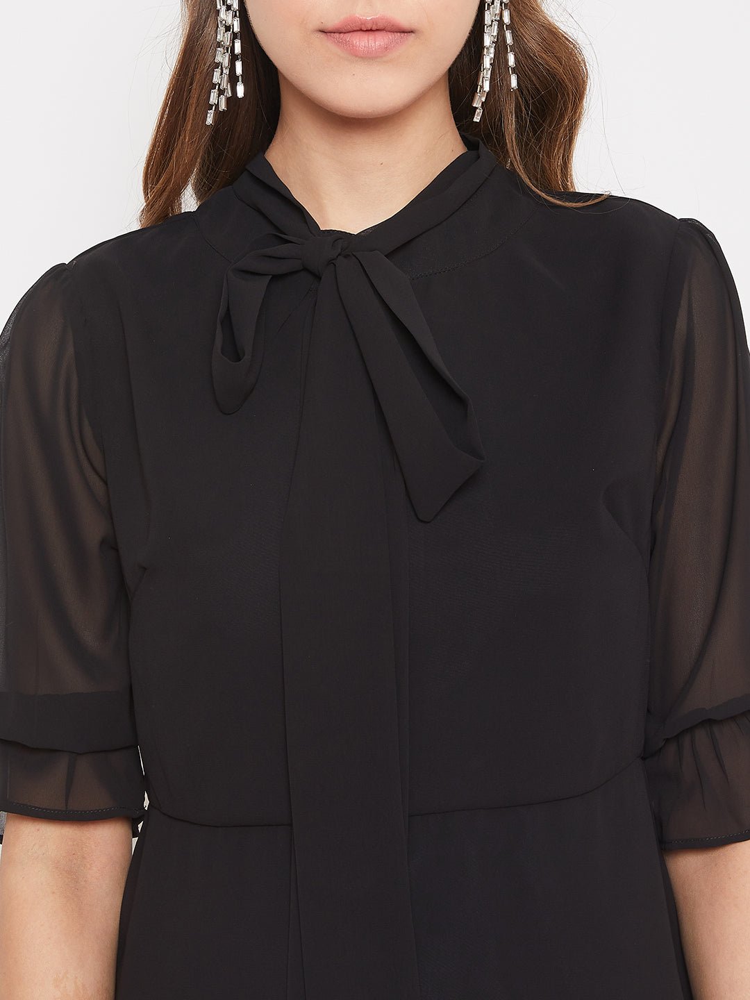 Folk Republic Women Solid Black Tie-Up Neck Fit & Flare Mini Dress - #folk republic#