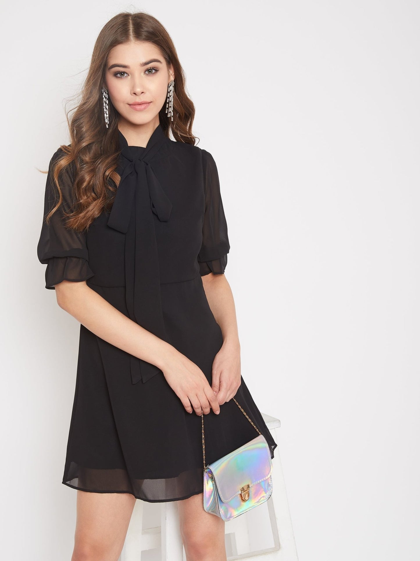 Folk Republic Women Solid Black Tie-Up Neck Fit & Flare Mini Dress - #folk republic#