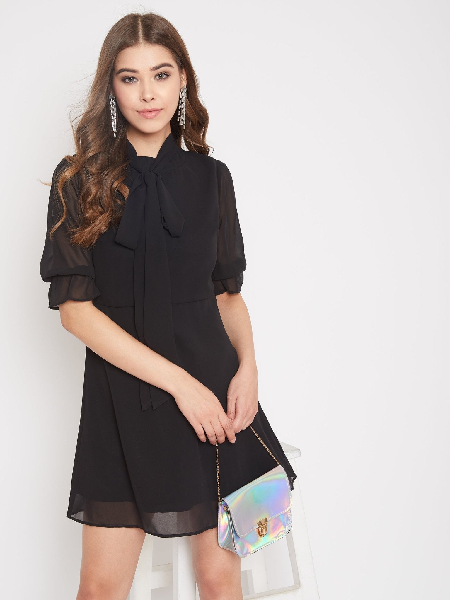 Folk Republic Women Solid Black Tie-Up Neck Fit & Flare Mini Dress - #folk republic#