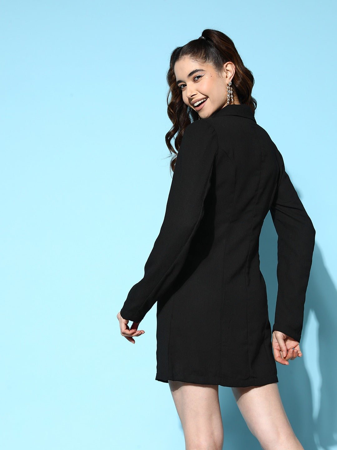 Folk Republic Women Solid Black V-Neck Crepe Button-Up Straight Hem Mini Blazer Dress - #folk republic#