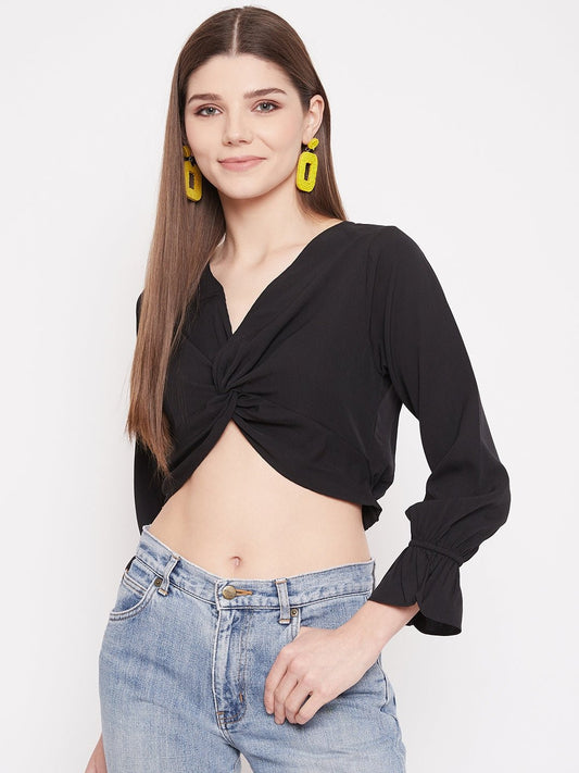 Folk Republic Women Solid Black V-Neck Front Twisted Crop Top - #folk republic#