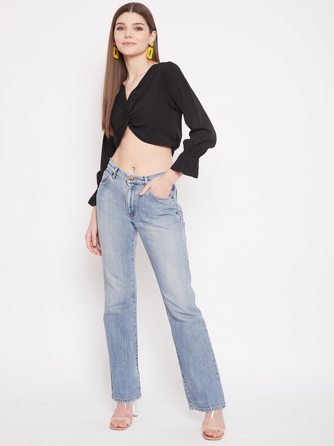 Folk Republic Women Solid Black V-Neck Front Twisted Crop Top - #folk republic#