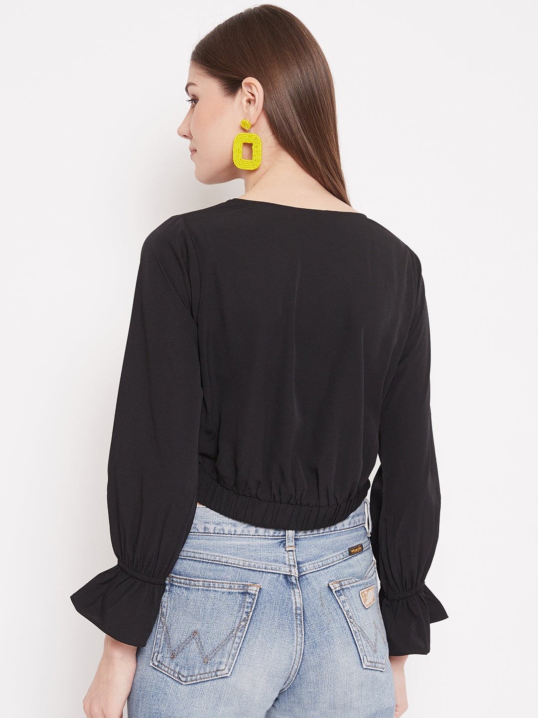 Folk Republic Women Solid Black V-Neck Front Twisted Crop Top - #folk republic#