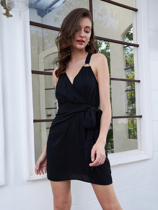 Folk Republic Women Solid Black V-Neck Ring Strap Waist Tie-Up Straight Hem Wrap Mini Dress - #folk republic#