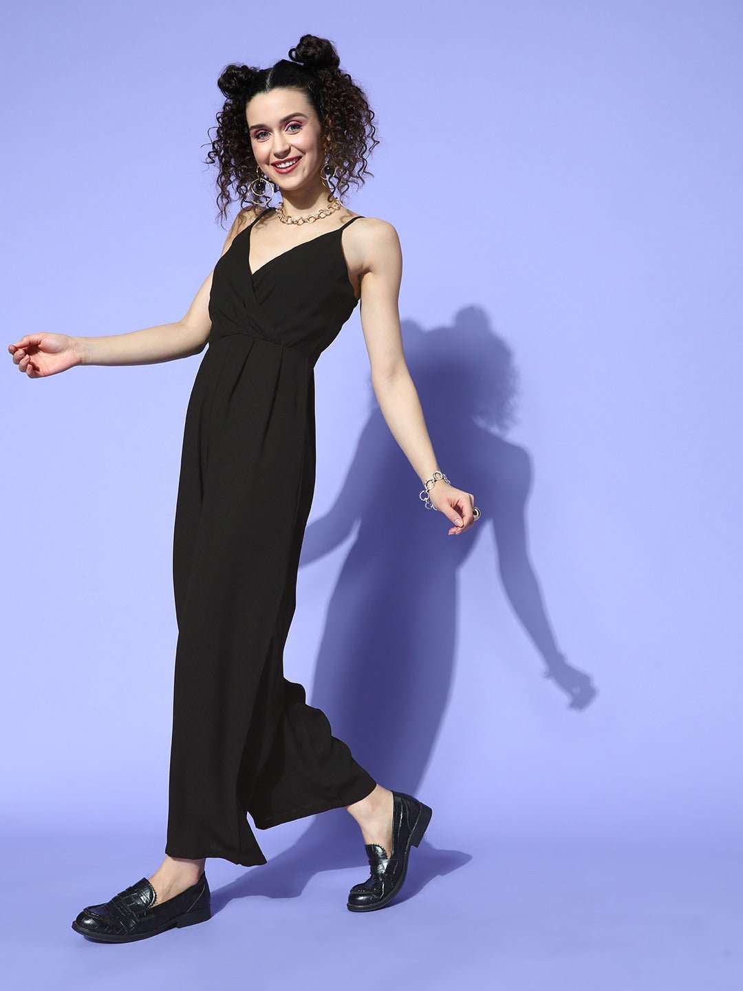 Folk Republic Women Solid Black V-Neck Sleeveless Gathered Wrap Basic Jumpsuit - #folk republic#