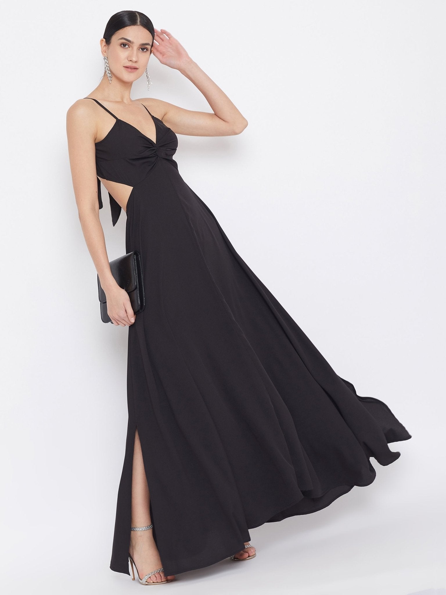 Folk Republic Women Solid Black V-Neck Strappy Tie Knot A-Line Maxi Dress - #folk republic#