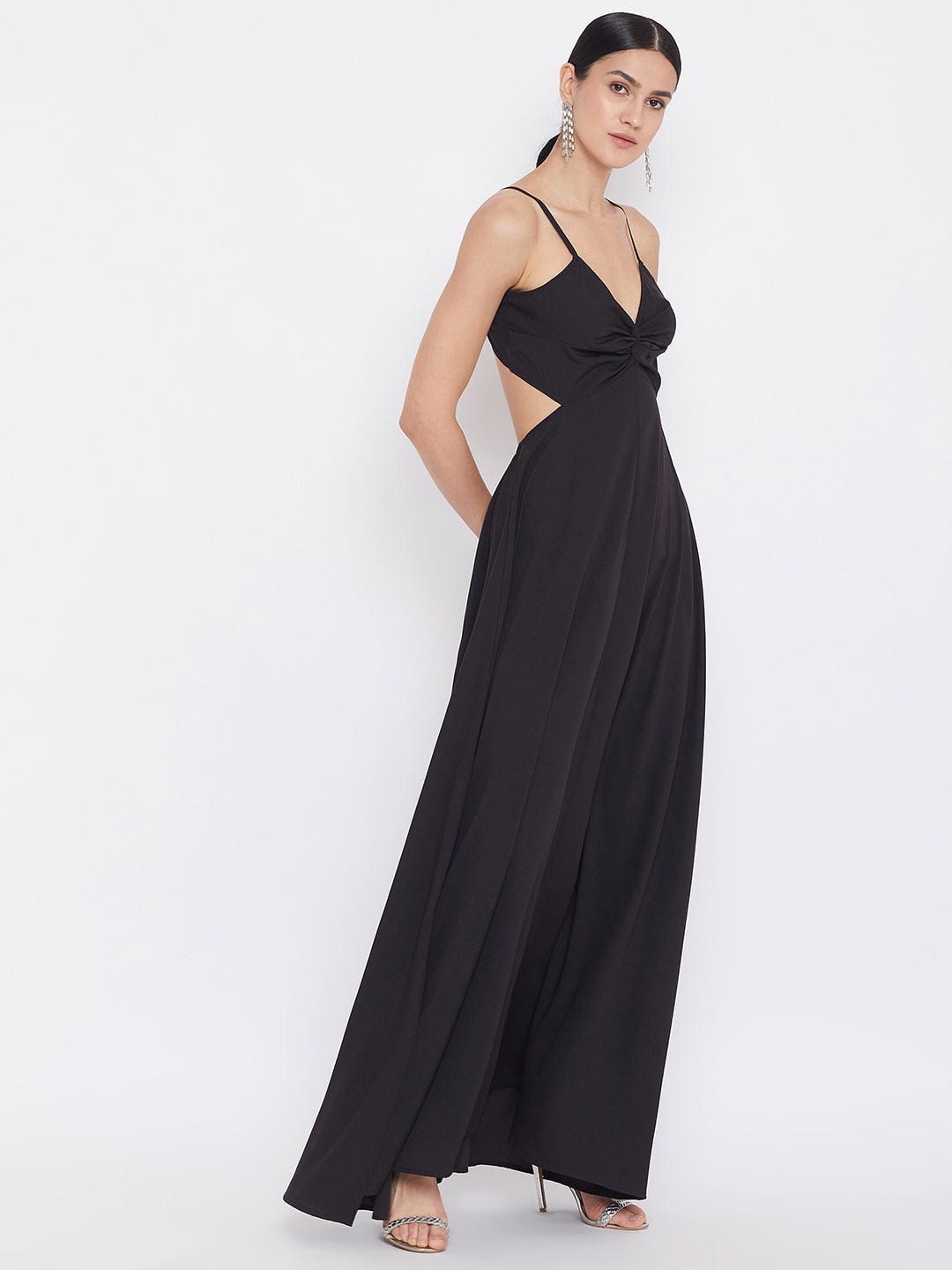 Folk Republic Women Solid Black V-Neck Strappy Tie Knot A-Line Maxi Dress - #folk republic#