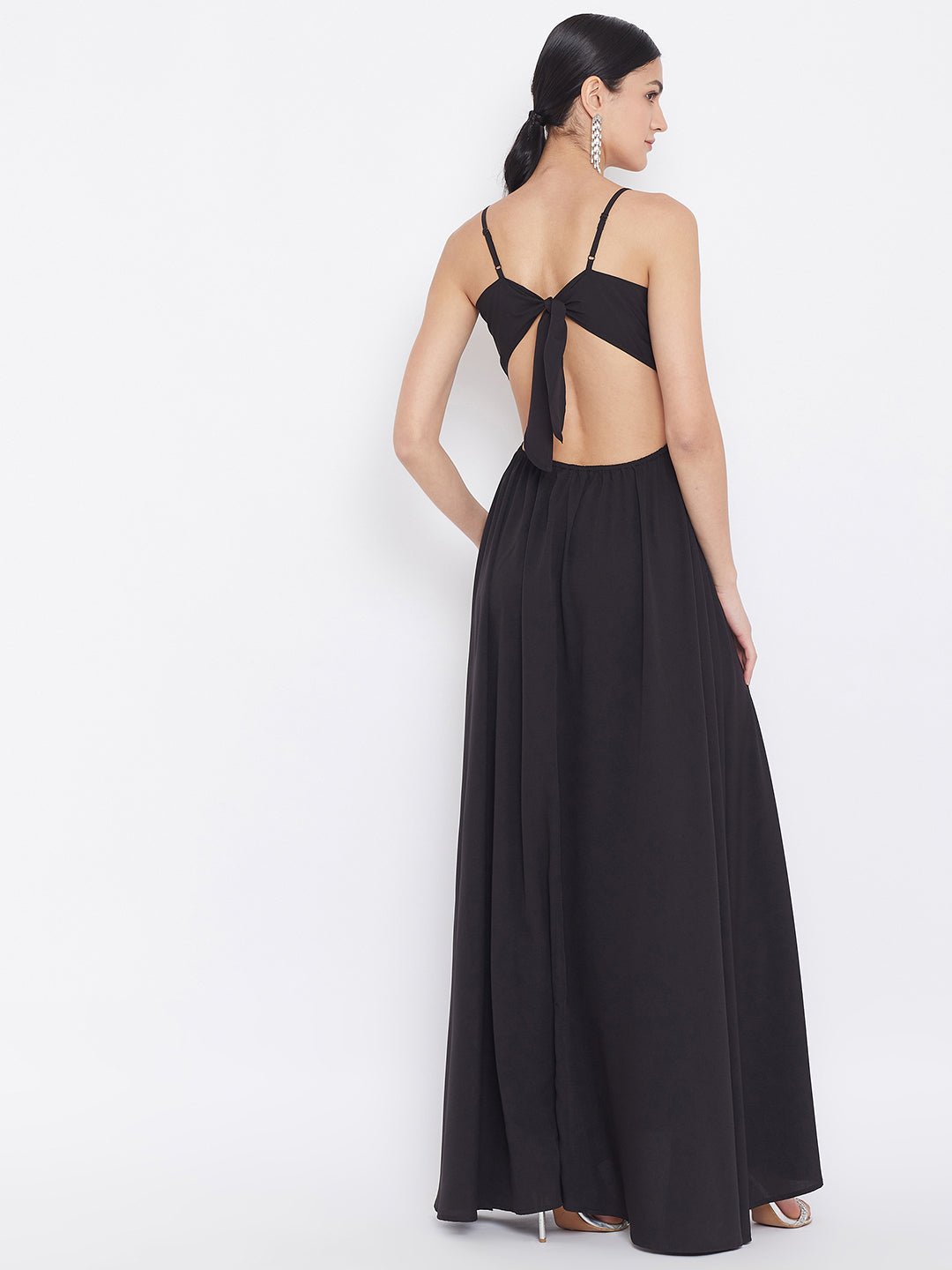Folk Republic Women Solid Black V-Neck Strappy Tie Knot A-Line Maxi Dress - #folk republic#