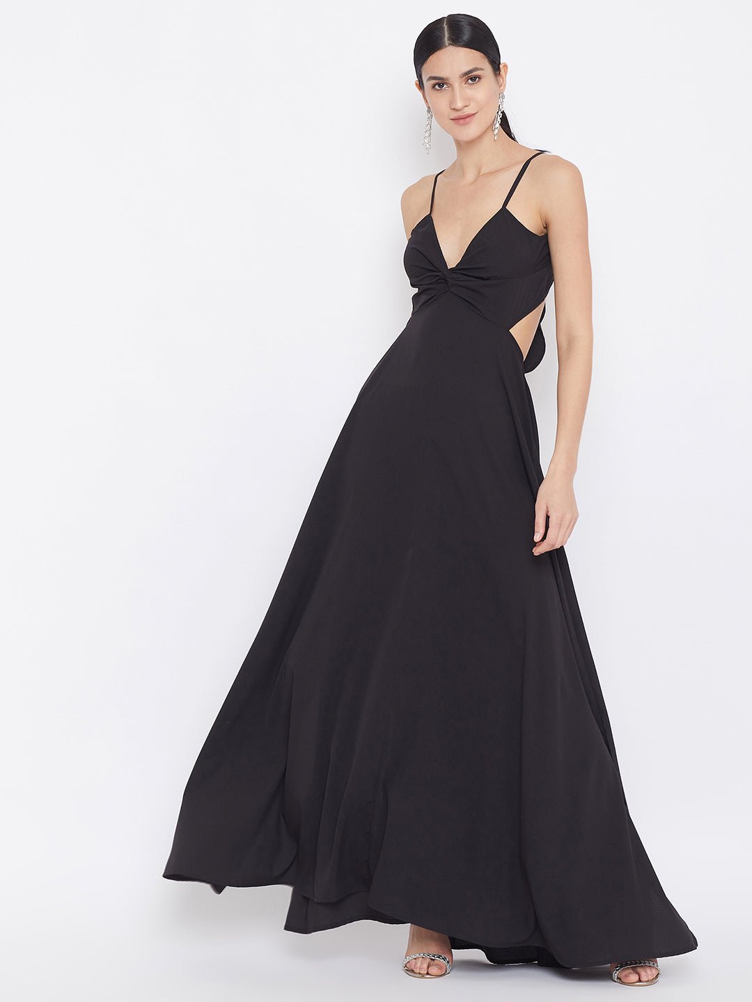 Folk Republic Women Solid Black V-Neck Strappy Tie Knot A-Line Maxi Dress - #folk republic#
