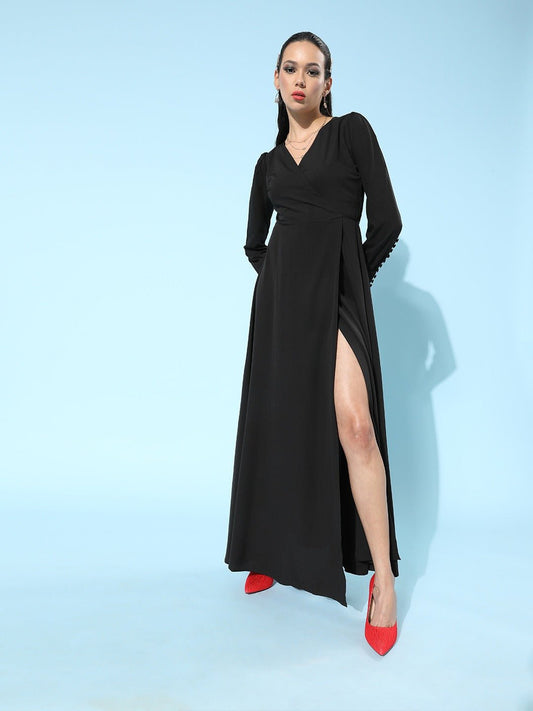 Folk Republic Women Solid Black V-Neck Waist Tie-Up Thigh-High Slit Flared Maxi Dress - #folk republic#