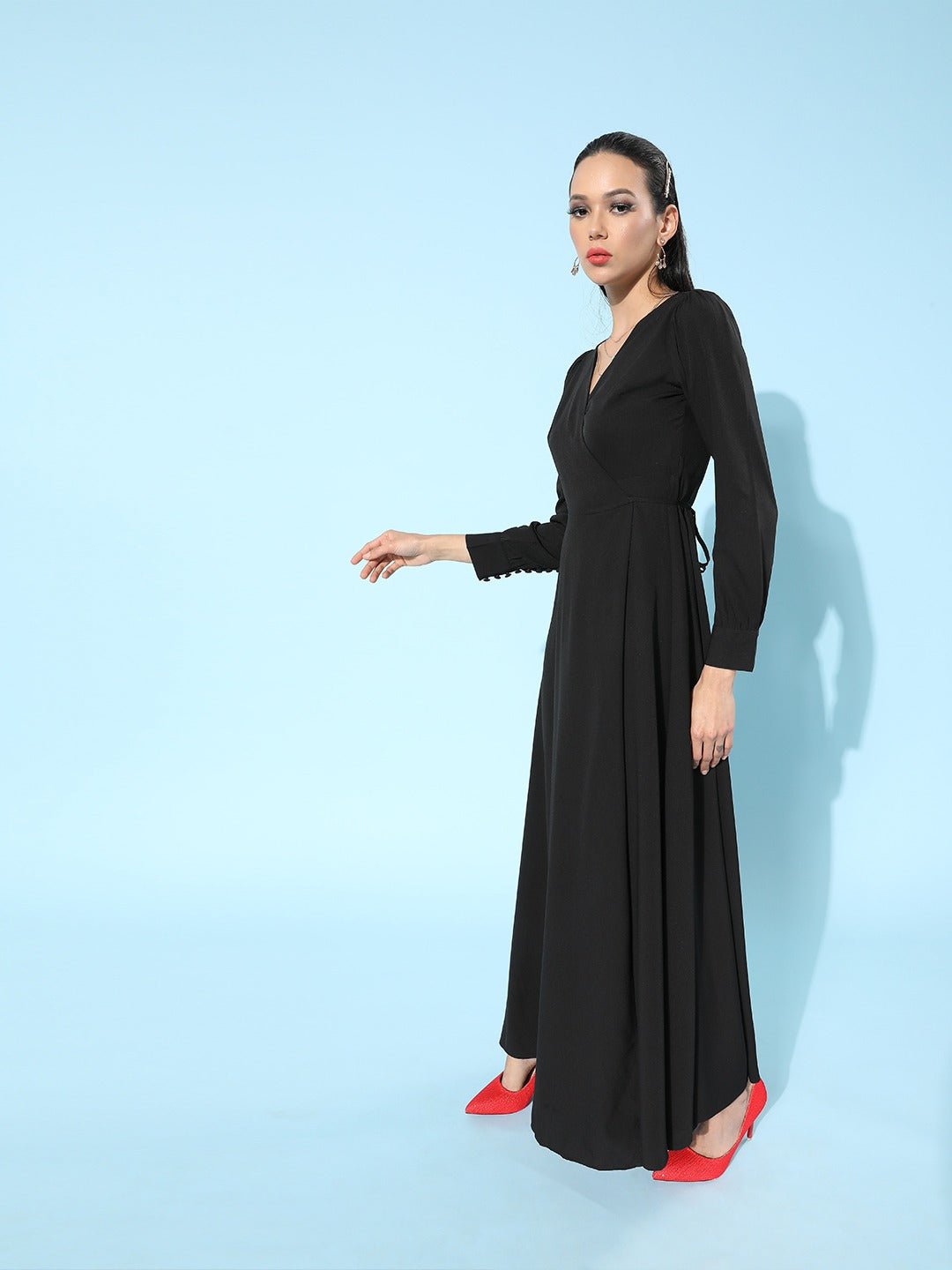 Folk Republic Women Solid Black V-Neck Waist Tie-Up Thigh-High Slit Flared Maxi Dress - #folk republic#
