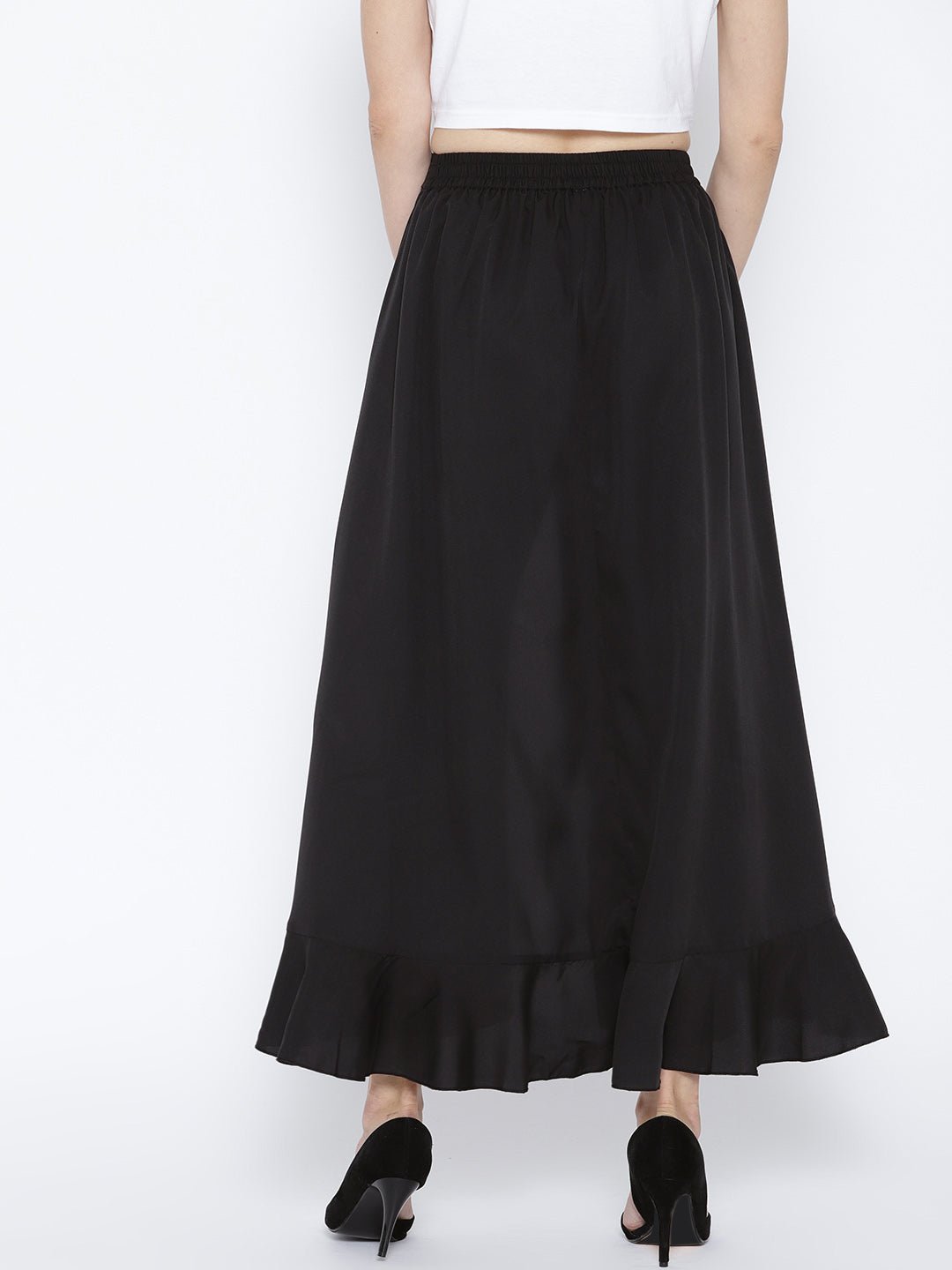 Folk Republic Women Solid Black Waist Tie-Up Ruffled Maxi Skirt with Attached Trousers - #folk republic#