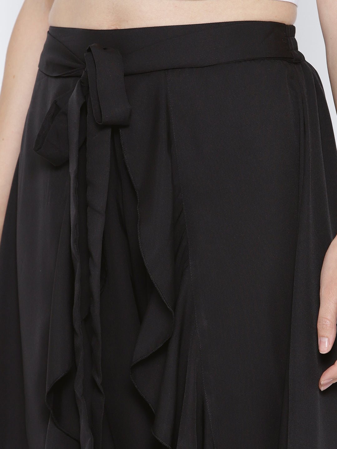 Folk Republic Women Solid Black Waist Tie-Up Ruffled Maxi Skirt with Attached Trousers - #folk republic#