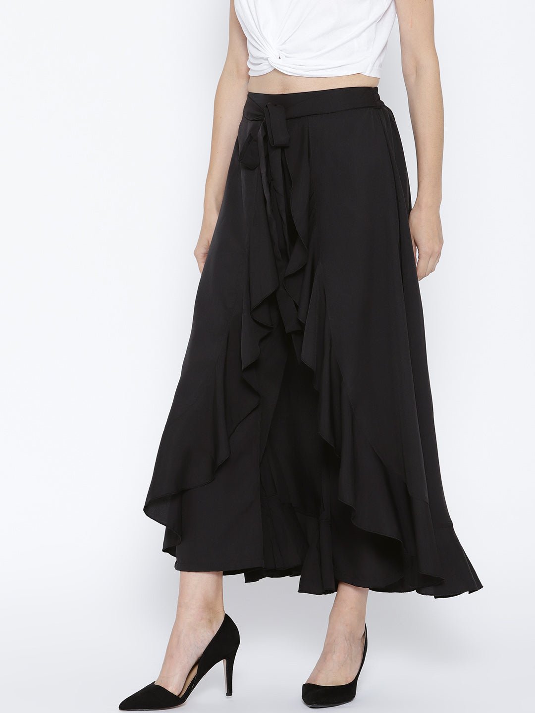 Folk Republic Women Solid Black Waist Tie-Up Ruffled Maxi Skirt with Attached Trousers - #folk republic#