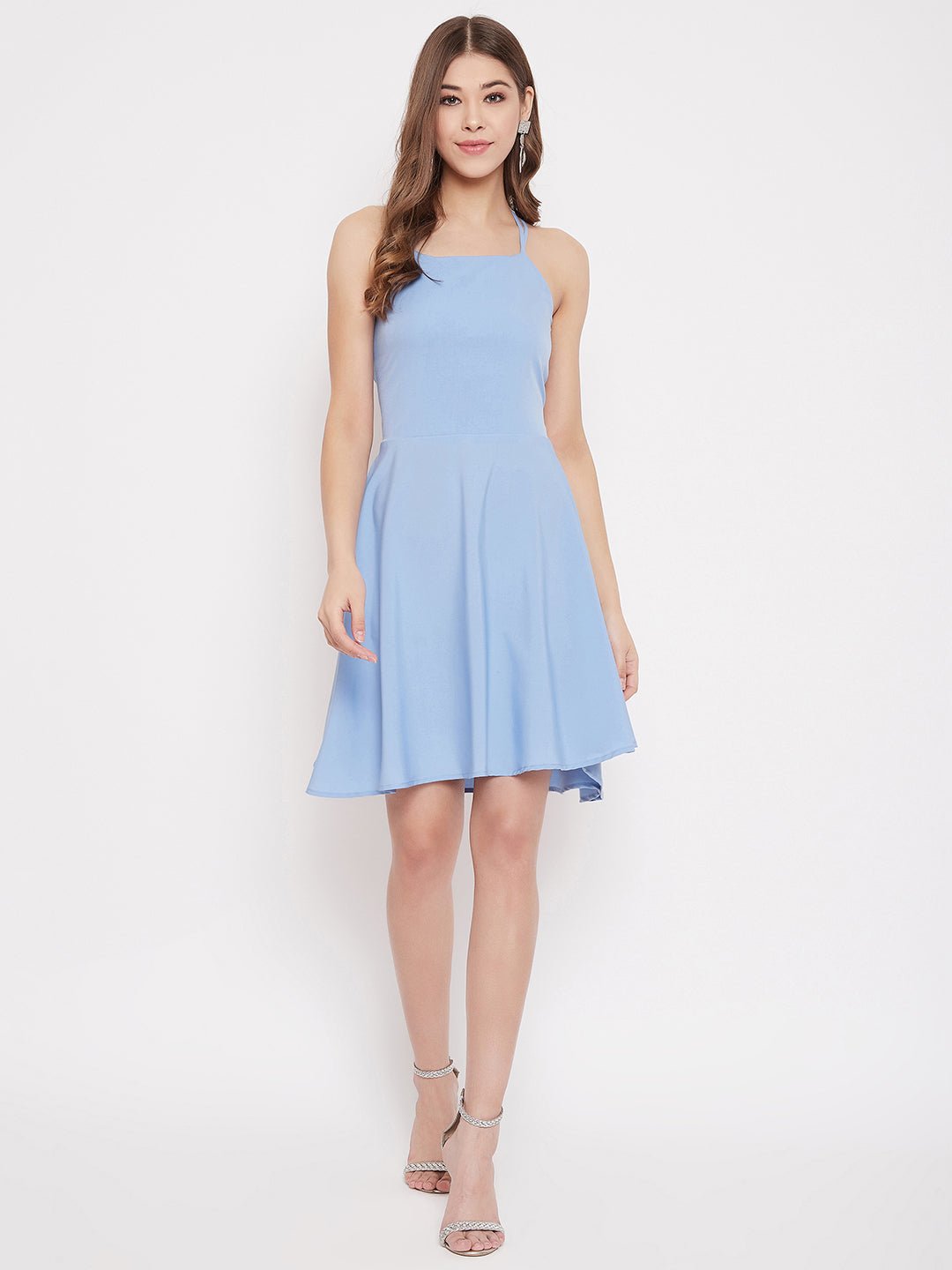 Folk Republic Women Solid Blue Caged Tie-Back Fit & Flare Mini Dress - #folk republic#