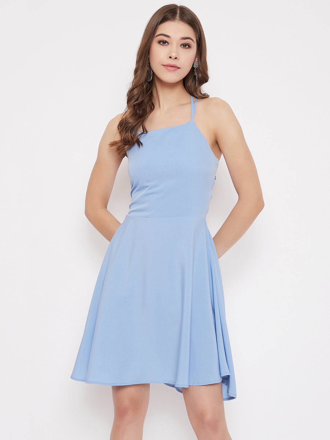 Folk Republic Women Solid Blue Caged Tie-Back Fit & Flare Mini Dress - #folk republic#