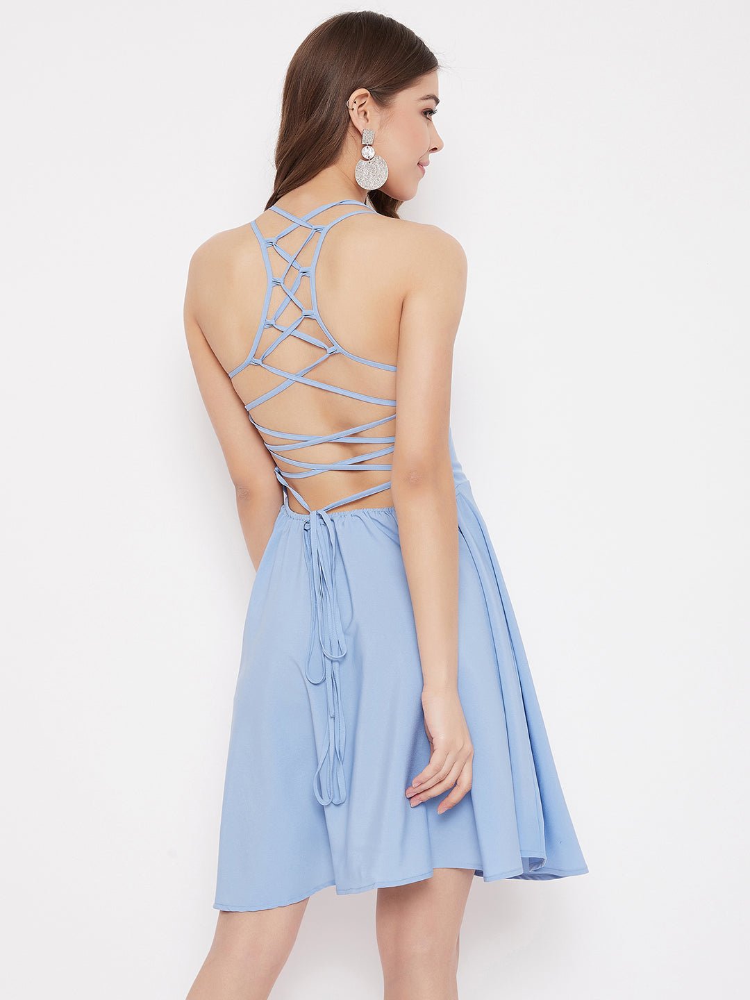 Folk Republic Women Solid Blue Caged Tie-Back Fit & Flare Mini Dress - #folk republic#