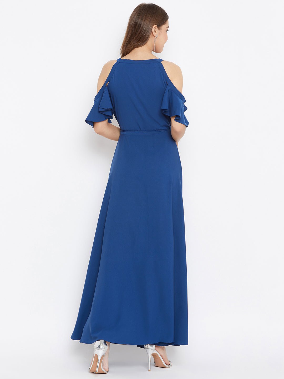 Folk Republic Women Solid Blue Cold Shoulder Wrap Maxi Dress - #folk republic#
