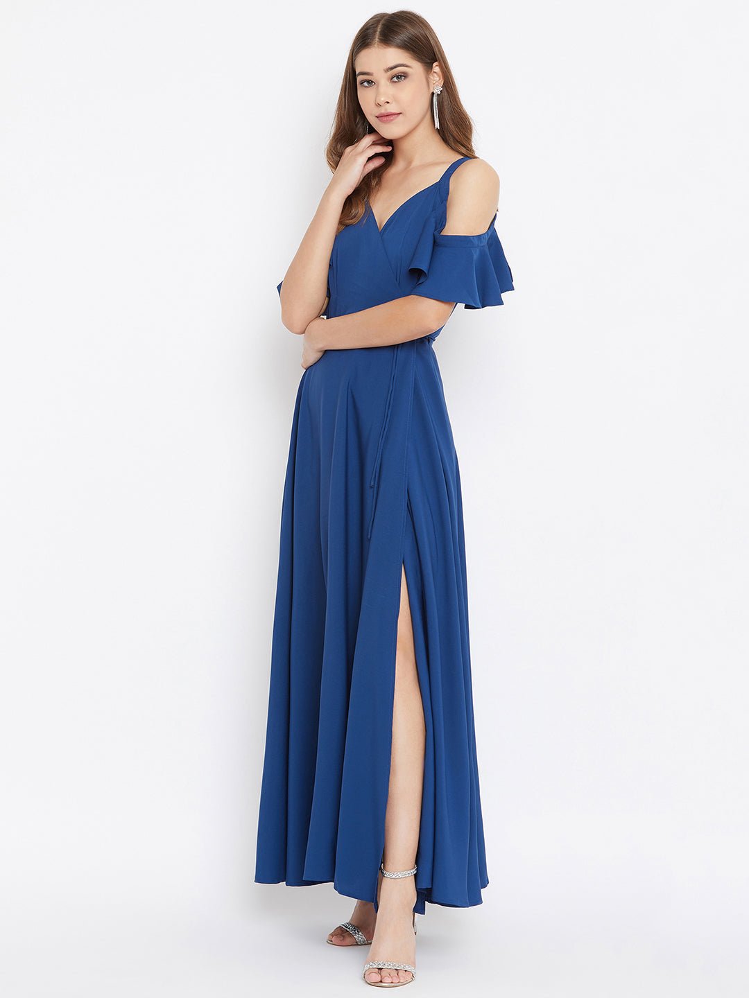 Folk Republic Women Solid Blue Cold Shoulder Wrap Maxi Dress - #folk republic#