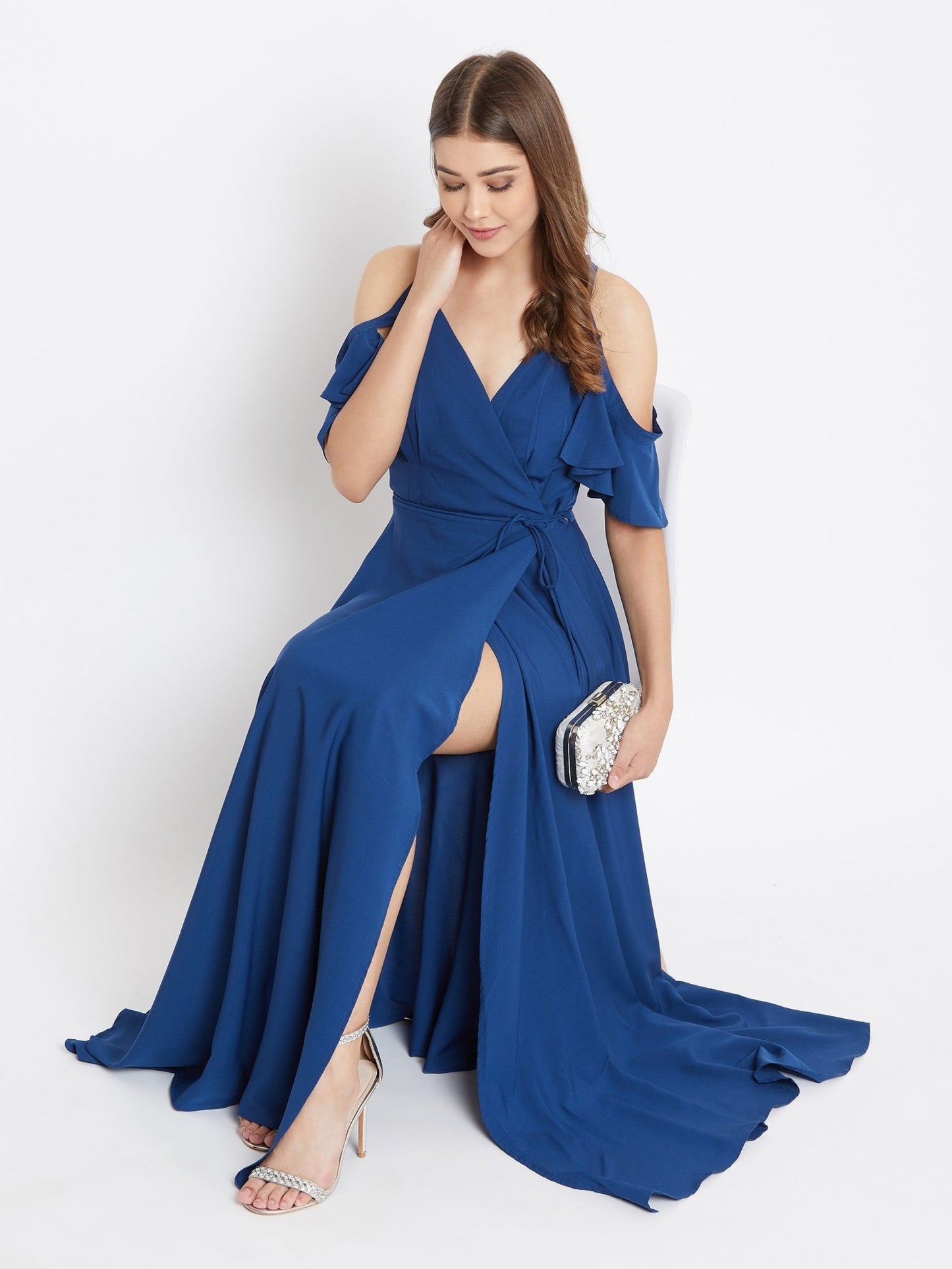 Folk Republic Women Solid Blue Cold Shoulder Wrap Maxi Dress - #folk republic#