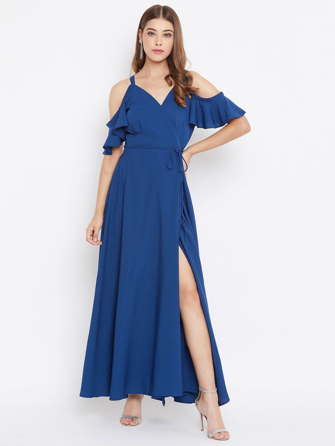 Folk Republic Women Solid Blue Cold Shoulder Wrap Maxi Dress - #folk republic#