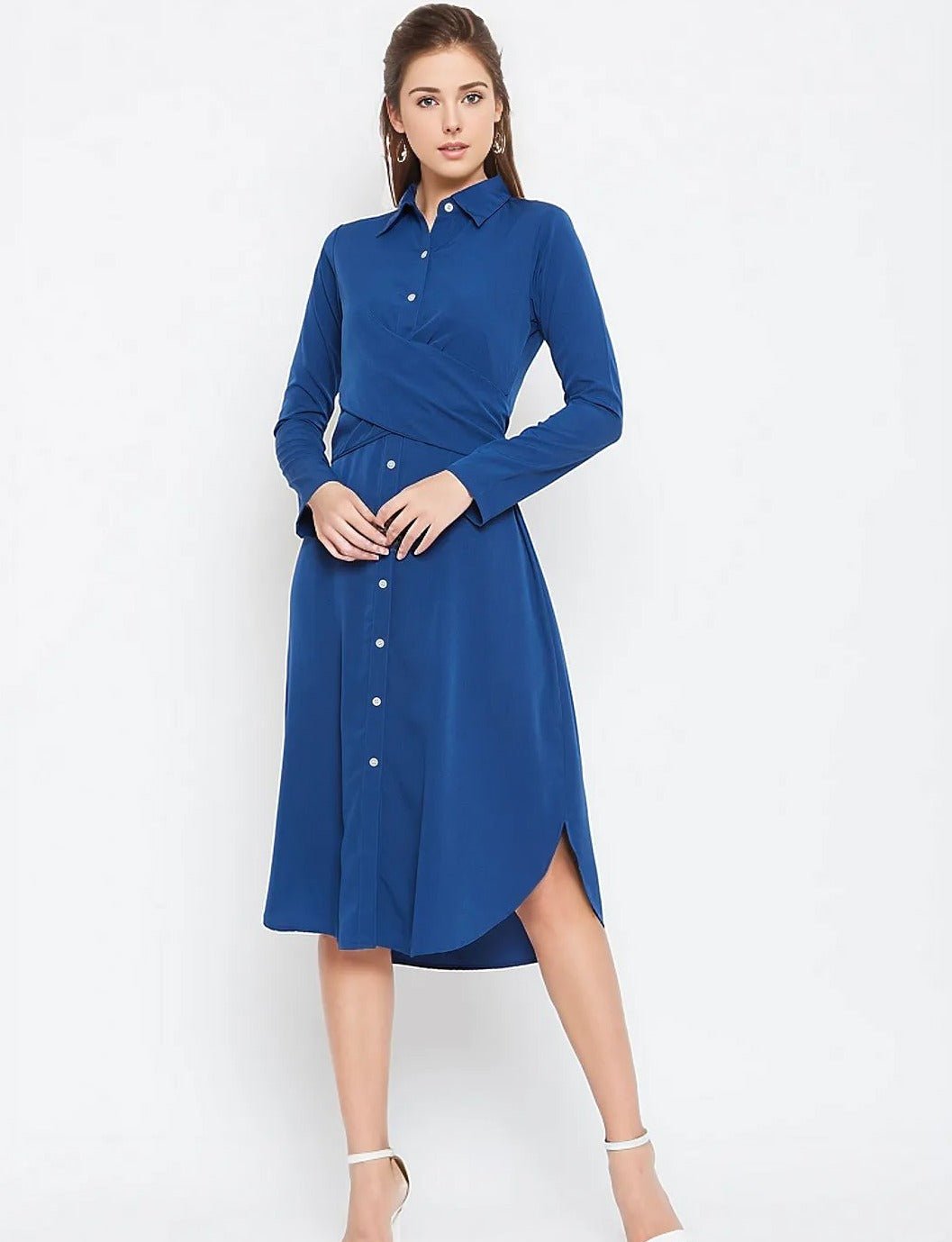 Folk Republic Women Solid Blue Collared Neck Button-Up Curved Midi Shirt Dress - #folk republic#