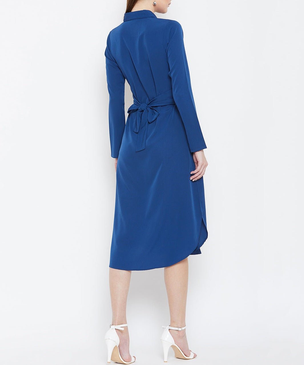Folk Republic Women Solid Blue Collared Neck Button-Up Curved Midi Shirt Dress - #folk republic#