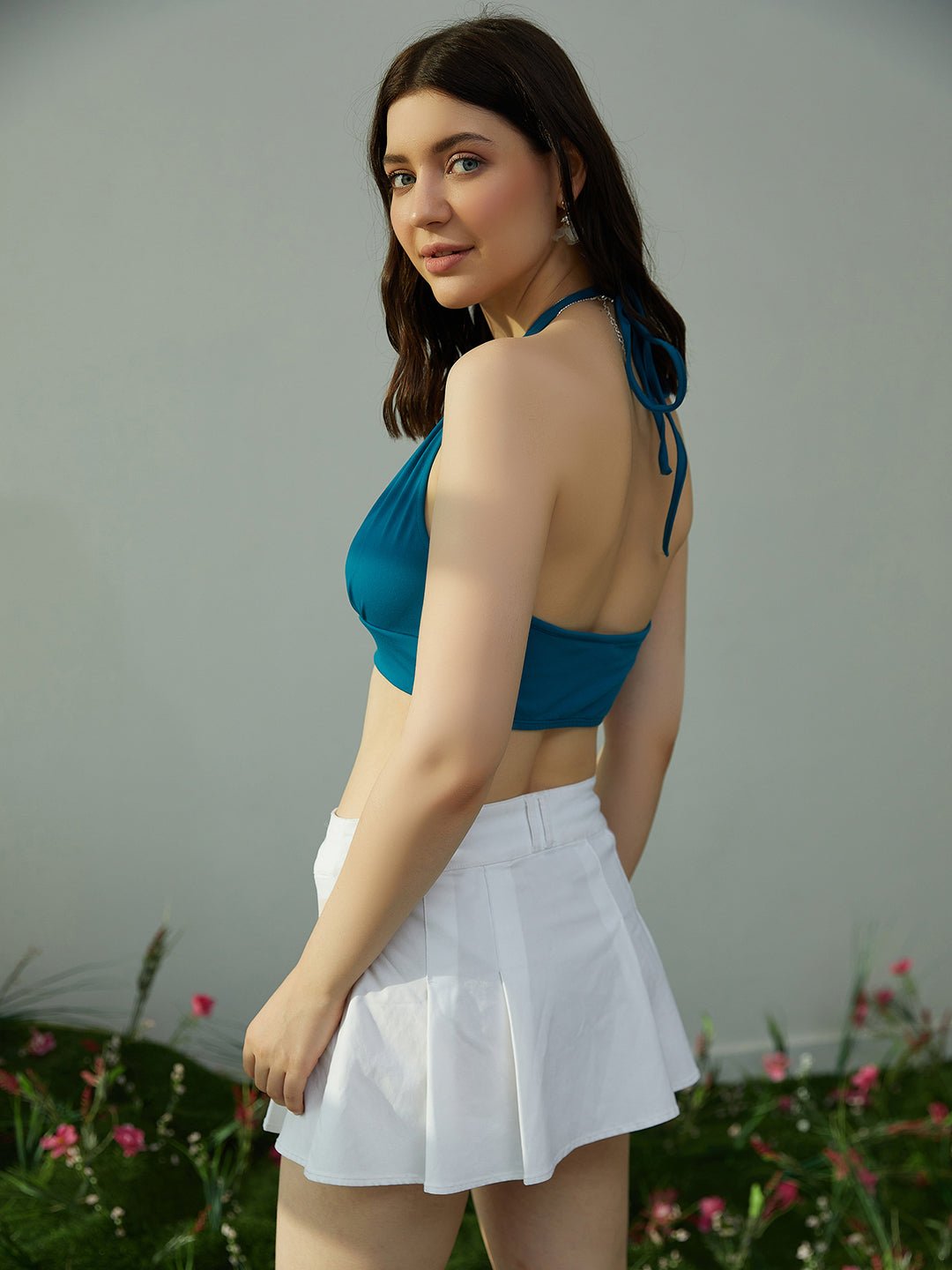 Folk Republic Women Solid Blue Halter Neck Sleeveless Front Ring Cutout Cropped Top - #folk republic#