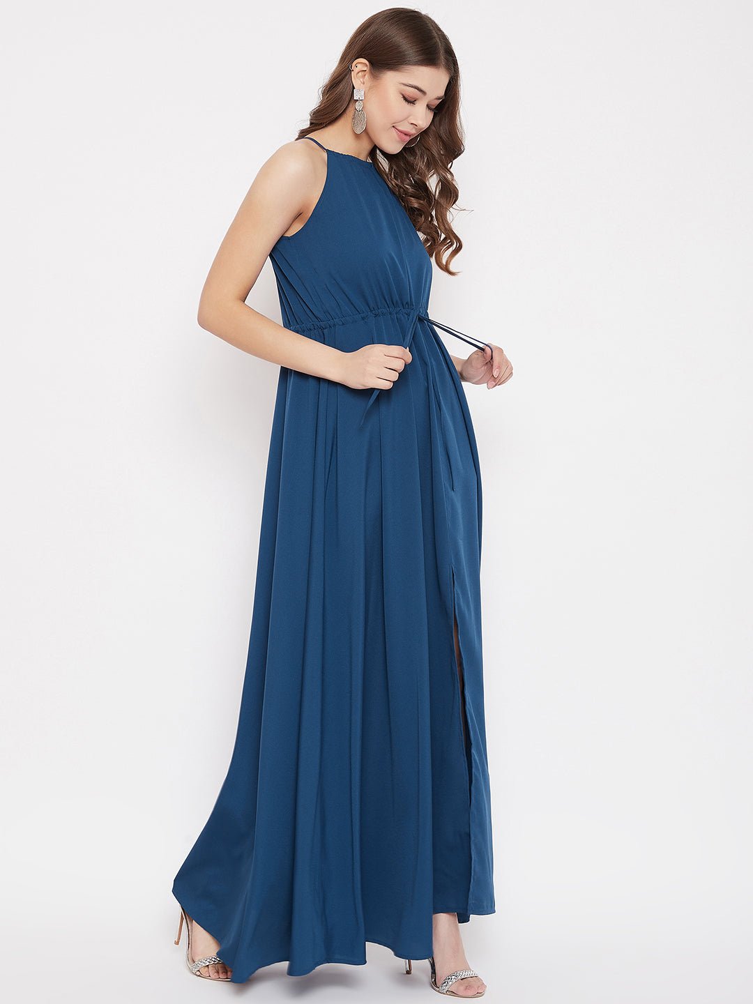Folk Republic Women Solid Blue Halter Neck Tie-Up Maxi Dress - #folk republic#