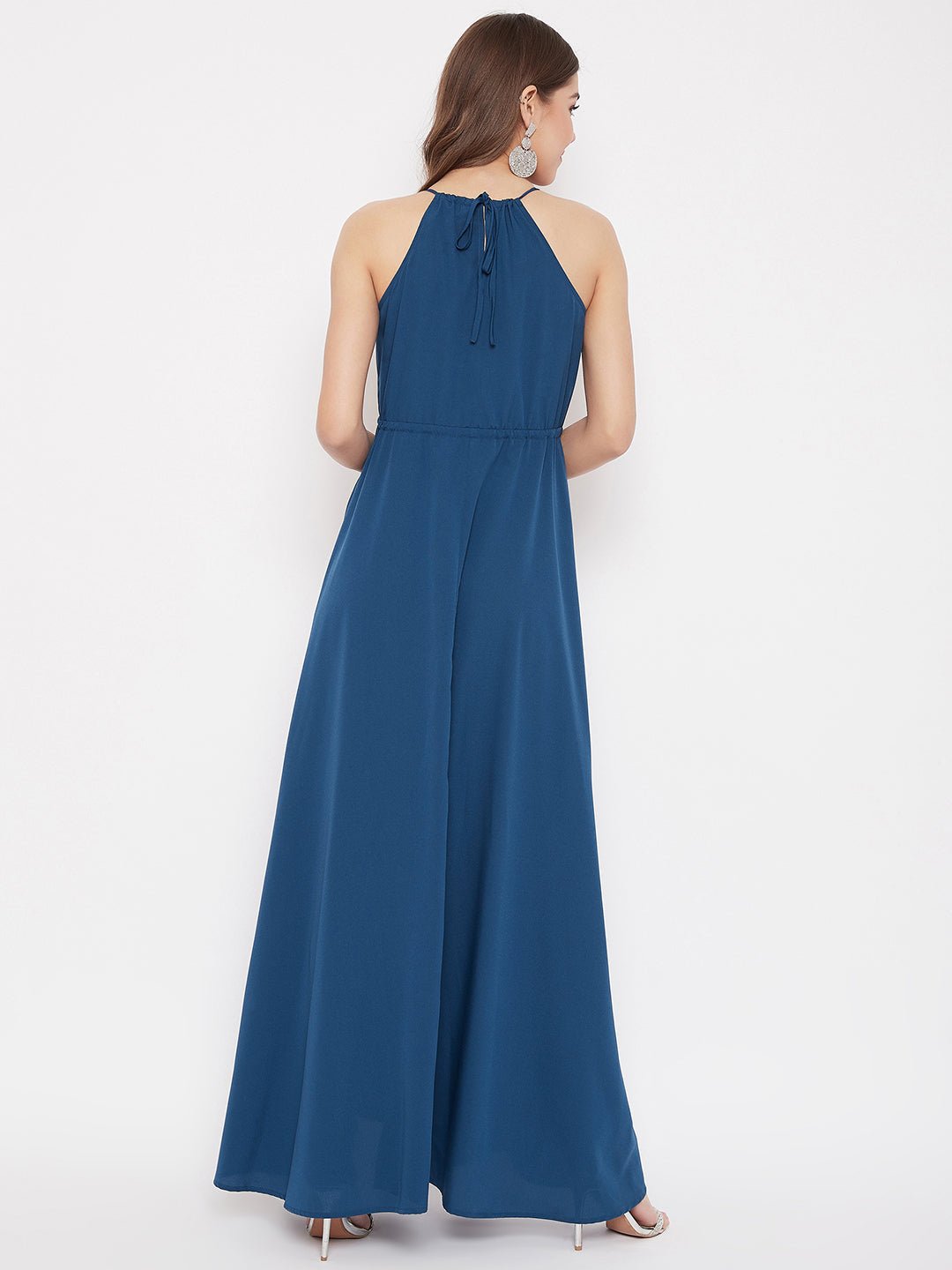 Folk Republic Women Solid Blue Halter Neck Tie-Up Maxi Dress - #folk republic#