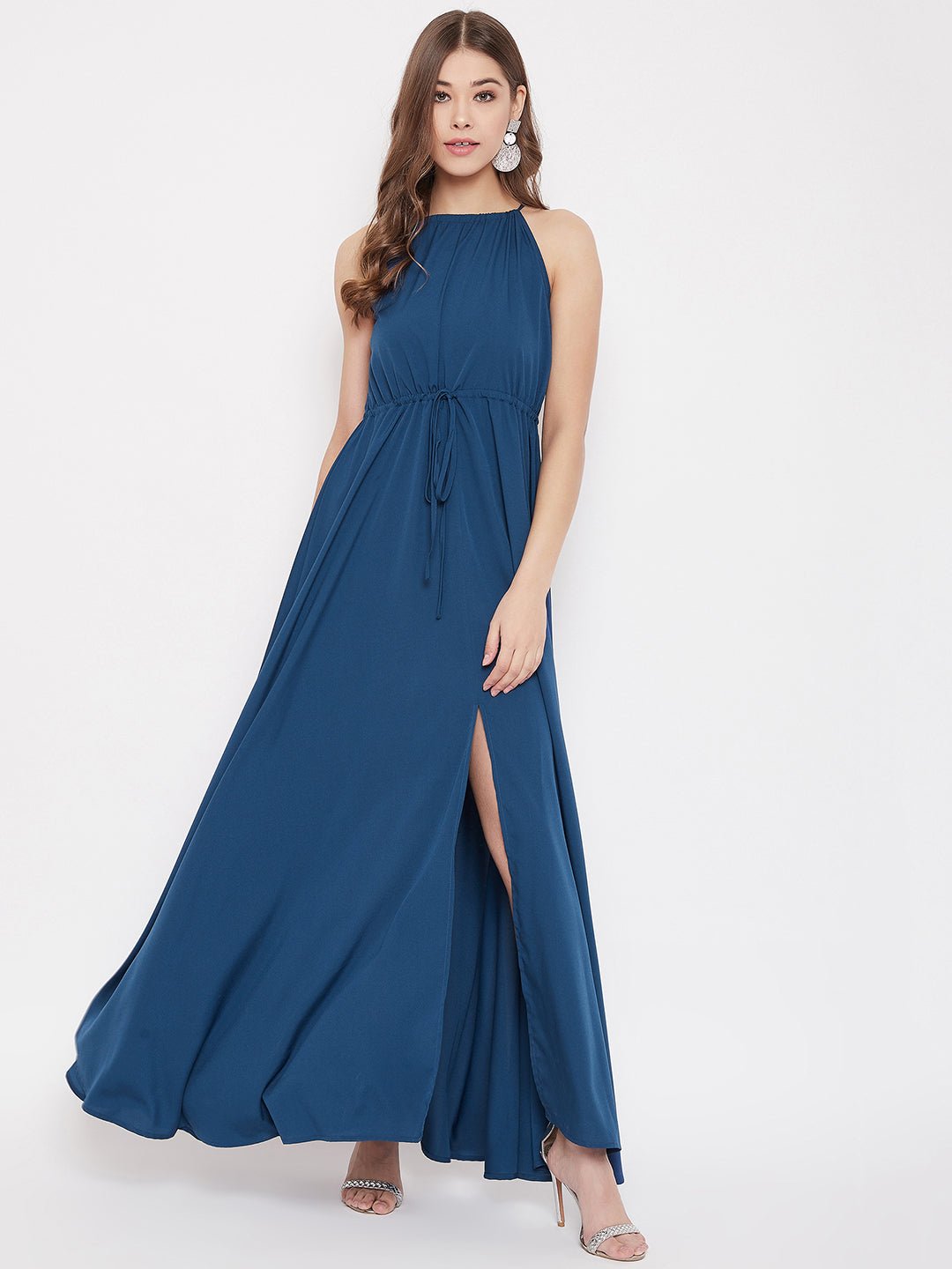 Folk Republic Women Solid Blue Halter Neck Tie-Up Maxi Dress - #folk republic#
