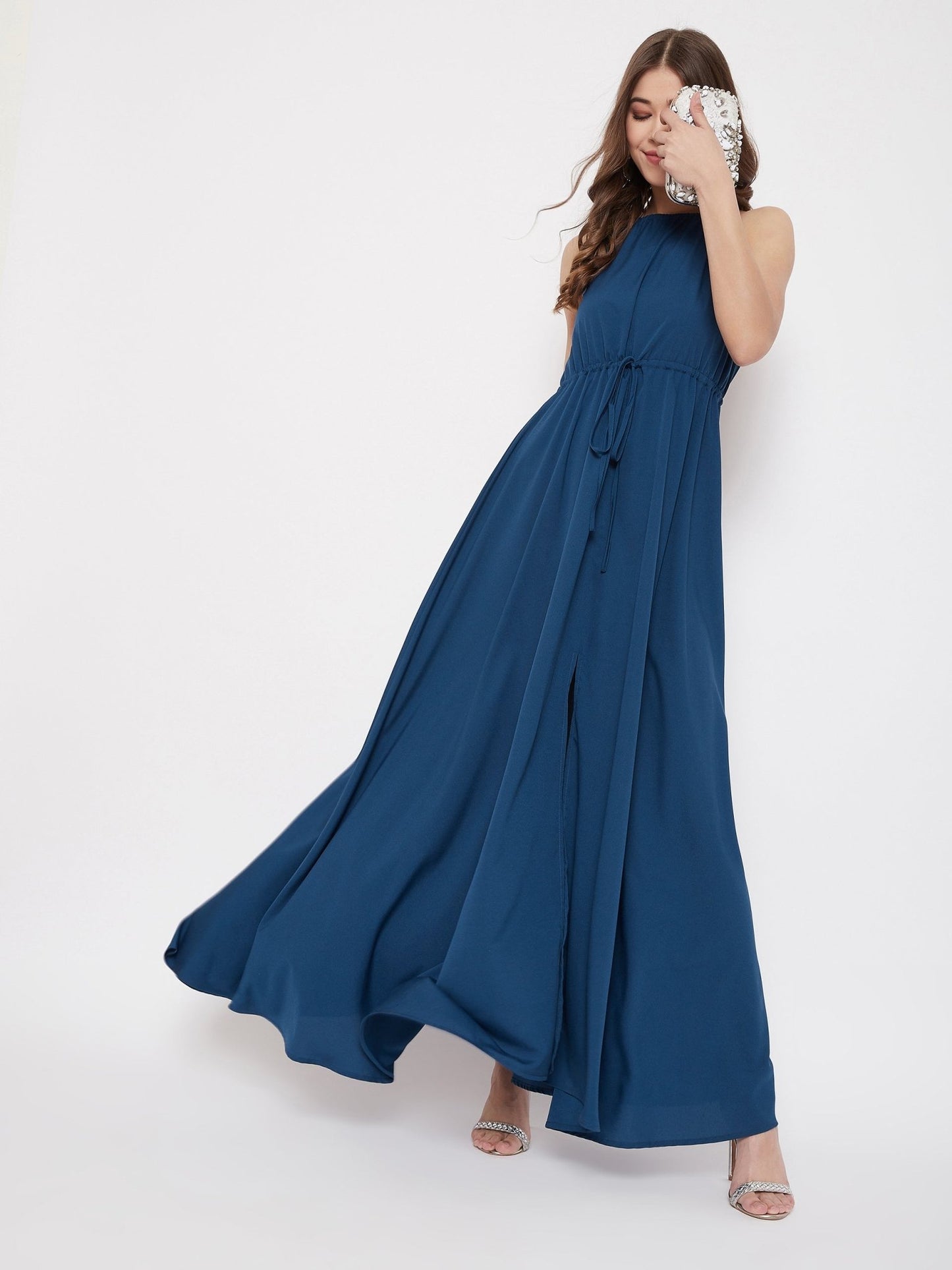 Folk Republic Women Solid Blue Halter Neck Tie-Up Maxi Dress - #folk republic#